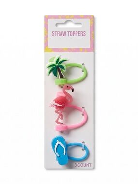 Festive Voice Silicone Straw Toppers Set of 3 - Tropical Palm Tree Flamingo Flip